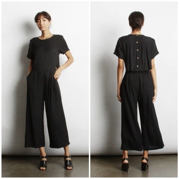 Mod Ref Black Kai Short Sleeve Wide Leg Jumpsuit Back Button Minimalist Pocket - Picture 1 of 10